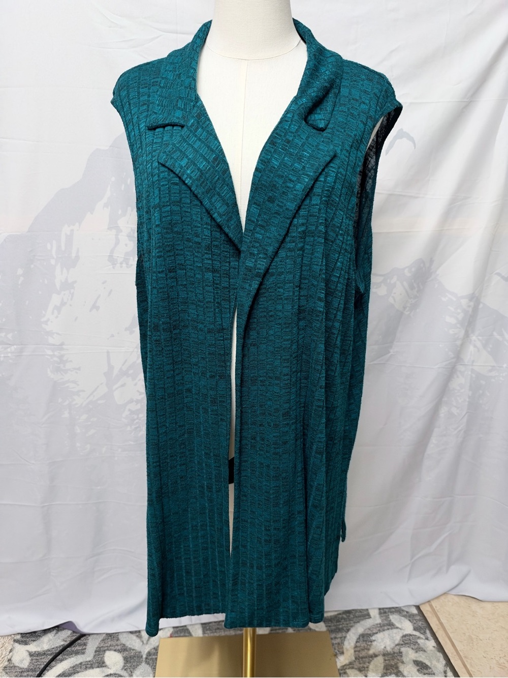 Chenault 1X Teal Longline Open Front Sweater Vest Duster Made in USA